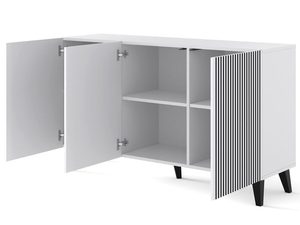 Miniaturka 2 - Biała komoda z pionowymi listwami, czarne nóżki, styl minimalistyczny