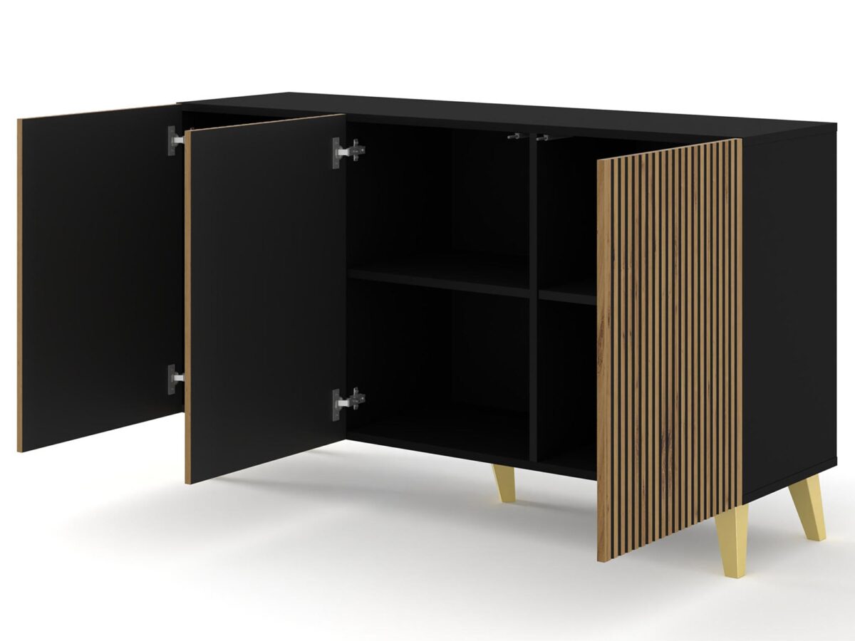Drewniana komoda z czarnymi pionowymi listwami, złote nóżki, styl industrialny