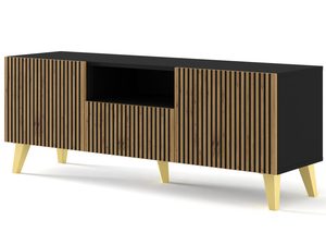 Miniaturka 12 - Nowoczesna drewniana szafka RTV z czarnymi pionowymi listwami, styl loftowy