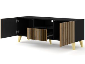 Miniaturka 13 - Drewniana szafka RTV z czarnymi pionowymi listwami, otwierane drzwi, styl loftowy