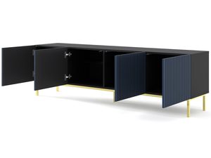Miniaturka 12 - Granatowa szafka RTV ze złotymi nóżkami z otwartymi drzwiami