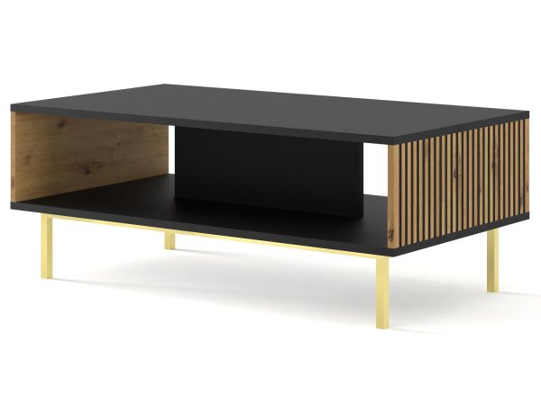 Nowoczesna czarna ława z pionowymi listwami, złote nóżki, styl industrialny