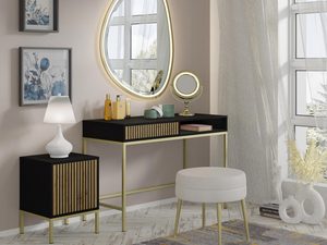 Miniaturka 7 - Nowoczesna czarna toaletka z drewnianymi frontami, złote nóżki, styl industrialny w nowoczesnej sypialni