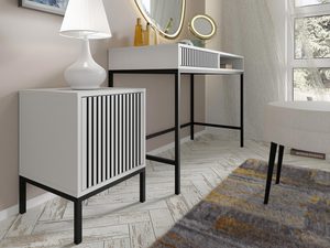 Miniaturka 17 - Nowoczesna biała szafka nocna z pionowymi listwami, czarne nogi, styl minimalistyczny