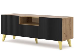 Miniaturka 9 - Nowoczesna szafka RTV z drewnianymi bokami i czarnymi frontami, złote nóżki, styl industrialny