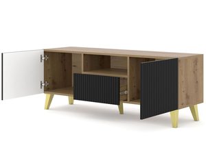 Miniaturka 10 - Nowoczesna drewniana szafka RTV z czarnymi frontami, złote nóżki, styl industrialny
