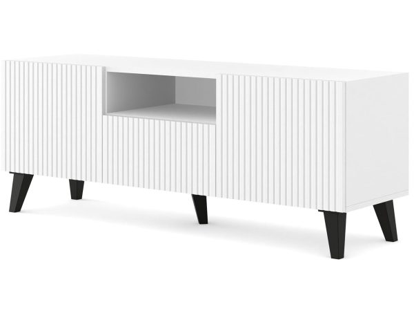 Nowoczesna biała szafka RTV z frezowanymi frontami, otwierane drzwi, styl skandynawski