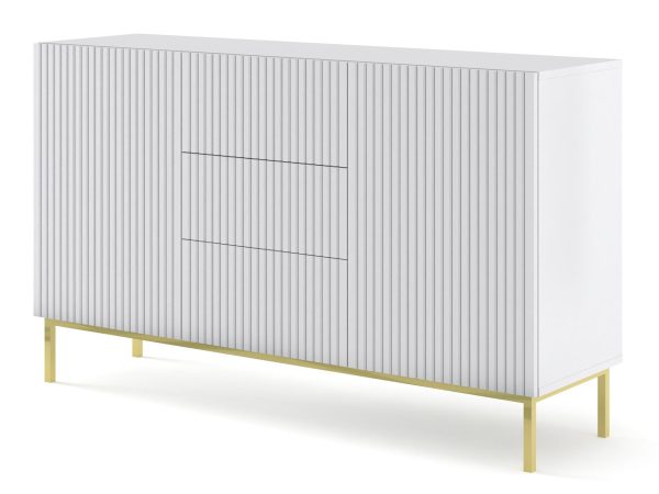 Komoda z frezowanymi białymi frontami, złote nogi, styl glamour