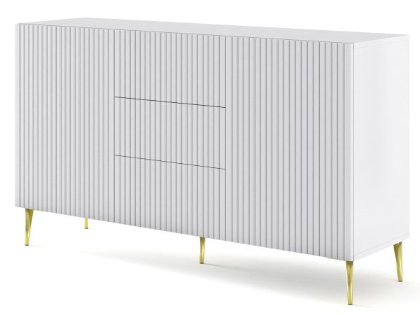 Komoda z frezowanymi białymi frontami, złote nogi, styl glamour