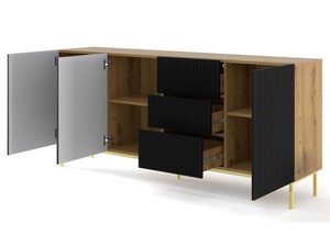 Miniaturka 12 - Komoda z frezowanymi czarnymi frontami, metalowe nogi, styl nowoczesny, otwarte szafki