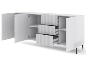 Miniaturka 4 - Szafka RTV z białymi frezowanymi frontami i półkami, metalowe nogi, styl nowoczesny