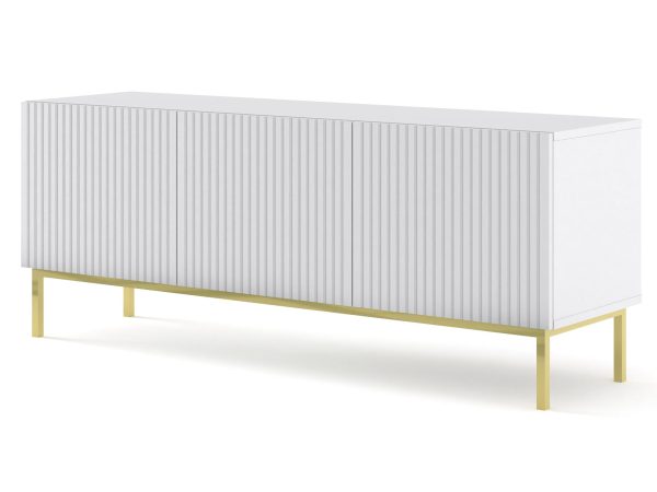 Szafka RTV z białymi frezowanymi frontami, złote nogi, styl glamour