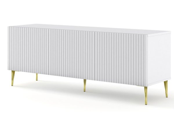 Szafka RTV biała, złote nóżki - Jasne wykończenie, luksusowy akcent, minimalistyczna forma.