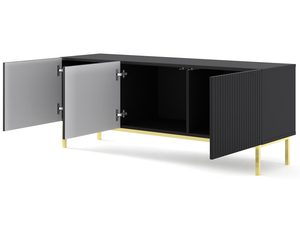 Miniaturka 14 - Szafka RTV czarna z listewkami, otwarte drzwiczki - Nowoczesna forma, ciemne wykończenie, praktyczne wnętrze.