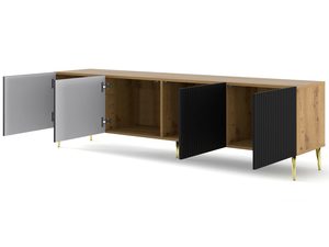 Miniaturka 8 - Szafka RTV z dębowym wykończeniem, otwarte drzwi - Wnętrze szafki RTV, ciepłe, naturalne wykończenie.