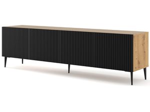 Miniaturka 9 - Szafka RTV z dębowym wykończeniem i czarnymi frontami oraz nóżkami - Klasyczne połączenie drewna i czerni.