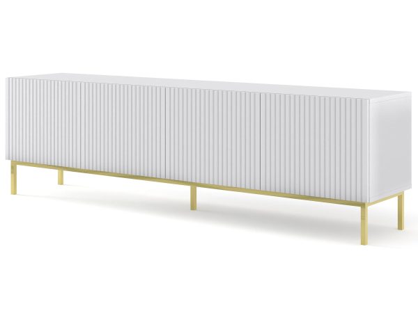 Szafka RTV biała, złote nóżki - Luksusowy akcent w postaci złotych nóżek, jasne, eleganckie wykończenie.