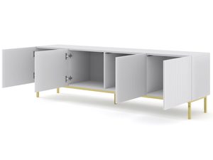 Miniaturka 2 - Szafka RTV biała, otwarte drzwiczki - Jasne wykończenie, minimalistyczny styl, praktyczne wnętrze.