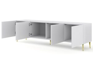 Miniaturka 2 - Szafka RTV z białymi frontami, otwarte drzwi - Wnętrze szafki RTV, jasne wykończenie.