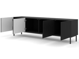 Miniaturka 16 - Szafka RTV czarna, otwarte drzwiczki - Minimalistyczna forma, czarne wykończenie, układ półek wewnątrz.