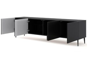 Miniaturka 16 - Szafka RTV z czarnymi frontami, otwarte drzwi - Wnętrze szafki RTV z półkami, czarne wykończenie.