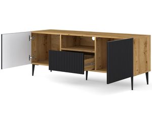 Miniaturka 14 - Drewniana szafka RTV z czarnymi frezowanymi frontami, otwierane drzwi, styl loftowy