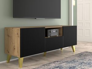 Miniaturka 11 - Szafka RTV z drewnianymi bokami i czarnymi frontami, otwierane drzwi, styl industrialny