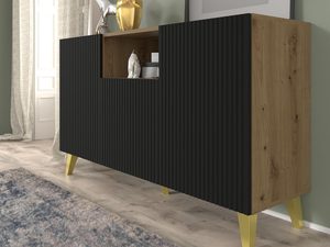 Miniaturka 11 - Czarna komoda z drewnianymi frontami, otwierane drzwi, styl industrialny