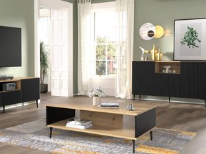 Miniaturka 10 - Drewniana ława z czarnymi frezowanymi bokami, złote nóżki, styl industrialny