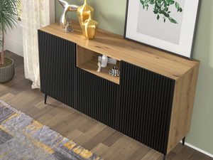 Miniaturka 16 - Nowoczesna czarna komoda z drewnianymi frontami, złote nóżki, styl industrialny