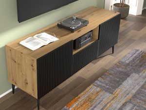 Miniaturka 15 - Nowoczesna drewniana szafka RTV z czarnymi frontami, styl industrialny