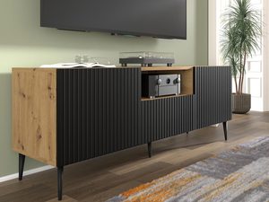 Miniaturka 16 - Drewniana szafka RTV z czarnymi frezowanymi frontami, styl loftowy