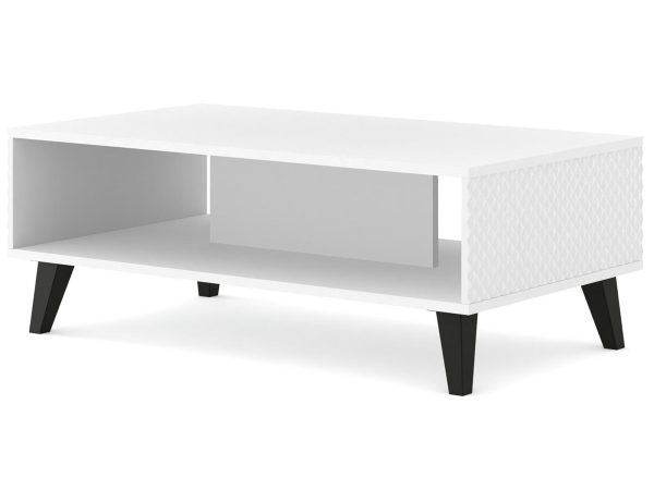 Nowoczesna biała ława z frezowanymi frontami, czarne nóżki, styl minimalistyczny