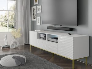 Miniaturka 4 - Przestronna biała szafka RTV z frezowanymi frontami i oświetleniem, styl skandynawski