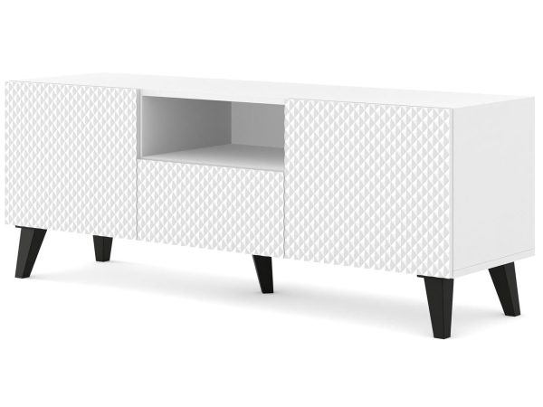 Nowoczesna biała szafka RTV z frezowanymi frontami, styl minimalistyczny