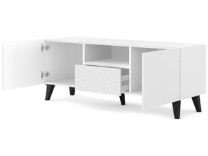 Miniaturka 2 - Nowoczesna biała szafka RTV z frezowanymi frontami, czarne nóżki, styl skandynawski