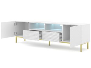 Miniaturka 2 - Przestronna biała szafka RTV z frezowanymi frontami i oświetleniem, styl skandynawski