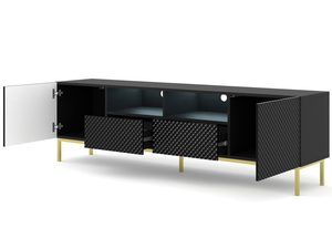 Miniaturka 6 - Przestronna czarna szafka RTV z frezowanymi frontami, styl nowoczesny złote nóżki