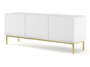 Miniaturka 1 - Biała komoda RTV z pionowymi listwami, złote nóżki, styl glamour