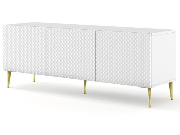 Biała komoda RTV z pionowymi listwami, styl nowoczesny