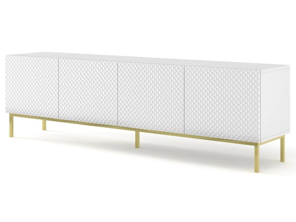 Biała komoda RTV z pionowymi listwami, styl nowoczesny