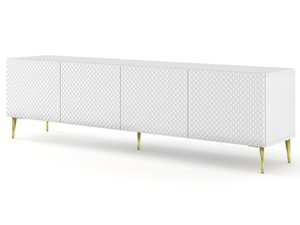Miniaturka 1 - Biała komoda RTV z pionowymi listwami, złote nóżki, styl glamour