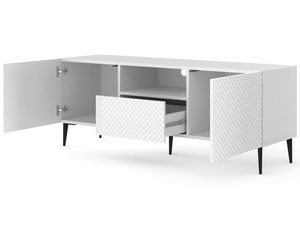 Miniaturka 7 - Nowoczesna biała szafka RTV z frezowanymi frontami, otwierane drzwi, styl minimalistyczny