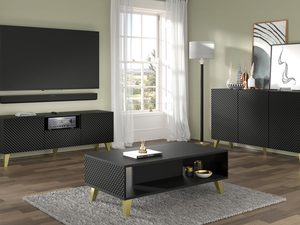 Miniaturka 11 - Nowoczesna czarna ława z frezowanymi frontami, złote nóżki, styl industrialny w nowoczesnym salonie