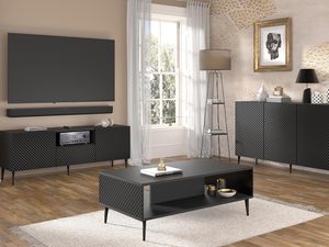 Miniaturka 19 - Przestronna czarna szafka RTV z frezowanymi frontami, styl minimalistyczny