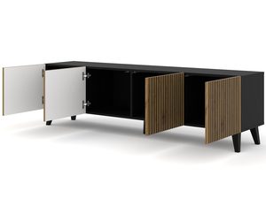 Miniaturka 6 - Drewniana szafka RTV z pionowymi listwami, czarne nóżki, styl industrialny