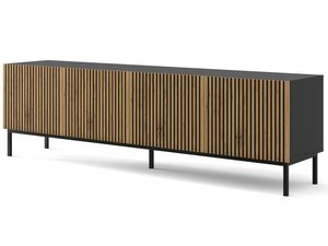 Miniaturka 3 - Drewniana szafka RTV z pionowymi listwami, czarne nóżki, styl industrialny