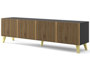 Miniaturka 1 - Drewniana szafka RTV z pionowymi listwami, złote nóżki, styl industrialny