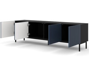 Miniaturka 14 - Granatowa szafka RTV z pionowymi listwami, otwierane drzwi, styl loftowy