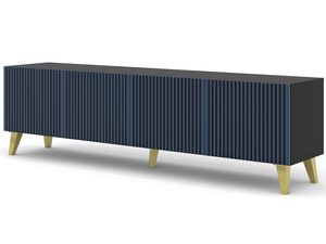 Miniaturka 9 - Granatowa szafka RTV z pionowymi listwami, złote nóżki, styl glamour